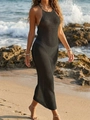 Detail eines schwarzen Häkel-Strandkleids mit hohlem Strickmuster und Neckholder - S / Schwarz