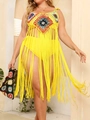 Detail view of plus size yellow crochet beach set with tassels and diamond pattern - One Size / Yellow