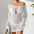 Detail of white crochet knit beach cover-up with intricate wavy openwork stitching - S / Tops / White