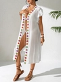 Detail of bohemian beach cover-up with colorful embroidery and ruffled cuffs - One Size / White