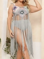 Detail of colorful geometric crochet patterns and long grey fringes on a beach cover-up - One Size / Tops / Gray