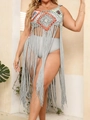 Detail of grey crochet beach cover-up featuring colorful floral chest patterns and long tassels - One Size / Gray