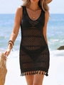 Robe de plage noire au crochet pour femme avec col en V, ajourée et à pampilles - S / Noir (Gland Noir)