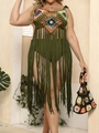 Detail of army green crochet beach cover-up with colorful patterns and long fringes - One Size / Army Green