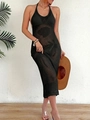 Dettaglio copricostume nero all'uncinetto con ricami in pizzo e scollo all'americana - S / Nero