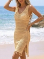 Detailed knit texture of beige crochet beach cover-up with stylish fringe hem and side slit - S / Tops / Apricot