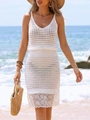 White crochet knit set with V-neck top and lace hem skirt on a sunny beach setting - S / Top And Bottom / White