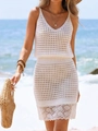 Bohemian white hollow-out knit dress with V-neck straps and lace hem on the beach - S / Top And Bottom / White