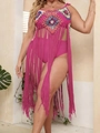 Detail of rose pink hand-crocheted beach cover-up with long tassels and rainbow accents - One Size / Rose Red