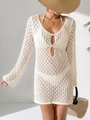 Detail of white crochet beach cover-up featuring wave hollow patterns and V-neckline - S / Tops / Apricot