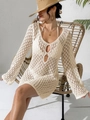 Gros plan détaillé sur la texture crochetée ondulée et le tricot ajouré de la robe - S / Hauts / Abricot