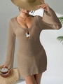 Detail of crochet texture and flare sleeve on this brown deep V-neck beach mini dress - S / Top (Z1108) / Brown