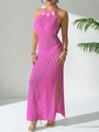 Detail des fuchsia Häkel-Strandkleids mit weißen Blumenapplikationen und Strickstruktur - S / Fuchsie