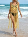 Robe de plage au crochet jaune avec paillettes, pompons et bretelles spaghetti chic - Taille unique / Jaune
