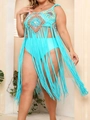 Detailed close-up of blue crochet beach cover-up with orange flower weave and long tassels - One Size / Lake Blue