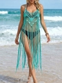 Détails du crochet du cache-maillot vert d'eau avec de longues franges sur une plage - Taille unique / Vert