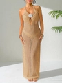 Detailed view of handmade crochet flowers on a V-neck knit halter dress with cutout texture - S / Top And Bottom / Khaki