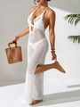 Weißes Häkel-Strandkleid mit V-Ausschnitt, Seestern-Dekor und hohem Beinschlitz - S / Weiß (Seestern)