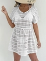 Detailed macro view of white crochet lace beach dress featuring hollow geometric knit patterns - S / White