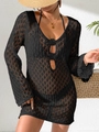 Detalle de vestido playero de ganchillo negro con cuello en V y apliques florales 3D - S / Top Y Pantalón / Negro