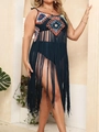 Detail of bohemian crochet pattern and long black tassels on plus size beach cover-up - One Size / Navy Blue