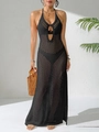 Close-up of black crochet knit texture and teardrop cutout on a halter beach dress - S / Black