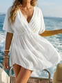 Detail of white mesh beach cover-up showing deep V-neck and sheer fabric texture - One Size / Tops / White