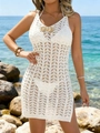 White crochet beach cover-up dress with halter neck and golden shell metal ornament - S / Tops / White