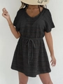 Sexy black crochet lace beach cover-up dress with V-neck and drawstring waist tie - S / Black