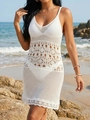 Abito da spiaggia bianco all'uncinetto con pizzo traforato e scollo a V profondo - S / Bianco (Giuntura in Pizzo)