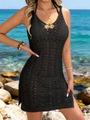 Black crochet hollow beach cover-up dress with golden butterfly accent and halter neck - S / Tops / Black