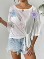 Close-up of white off-shoulder beach blouse with colorful 3D floral embroidery and bow knot - One Size / White