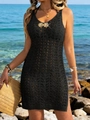 Copricostume nero all'uncinetto da donna con motivo traforato e decorazione a conchiglia - S / Nero (Fiocco in Metallo)