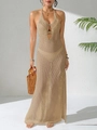 Detail of crochet knit texture and teardrop cutout on beige halter maxi beach cover-up - S / Khaki