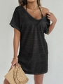 Copricostume da donna nero all'uncinetto con scollo a V profondo e motivi geometrici traforati - S / Nero