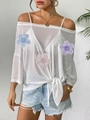 Close-up of white off-shoulder mesh top featuring colorful floral embroidery and tie-knot hem - One Size / Tops / White (3 Lace Flowers)