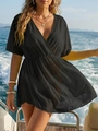 Detailed view of sheer mesh beach cover-up with deep V-neck and cinched waist design - One Size / Tops / Black