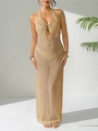 Detail of beige crochet knit maxi dress with halter neck and hollow out texture - S / Tops / Khaki