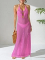 Detail of pink crochet knit beach dress featuring hollow-out texture and high side slit - S / Tops / Fuschia