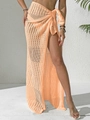 Detalle del tejido de ganchillo en falda de playa cruzada color melocotón para mujer - Talla única / Naranja