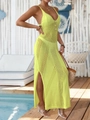 Detail of neon green crochet beach cover-up featuring gold buttons and a side slit - One Size / Top And Bottom / Yellow-Green