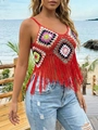 Detail of colorful bohemian crochet granny square top with long red fringe tassels - One Size / Tops / Red