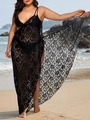 Close-up of floral crochet lace fabric on a black beach cover-up sundress for women - 0XL / Black