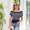 Detail of off-shoulder striped knit top with decorative gold buttons on the shoulder - S / Navy Blue