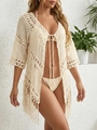 Women's crochet bikini cover-up in beige featuring boho fringe tassels and tie waist - One Size / Apricot