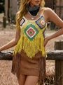 Haut bohème au crochet pour femme avec patchwork coloré et longues franges à glands - Taille unique / Hauts / Jaune