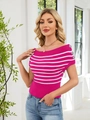 Detail of fuchsia striped off-shoulder knit top with silver buttons on the shoulder - Rose Red