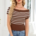 Detail of off-shoulder striped knit top with decorative silver buttons on shoulder - S / Coffee