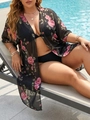 Plus size floral print beach cover up with pink roses and black sheer mesh fabric - 0XL / Tops / Black