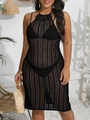 Women's black crochet beach dress with hollow out knit and 3D floral halter neck - 1XL / Top (F83201) / Black